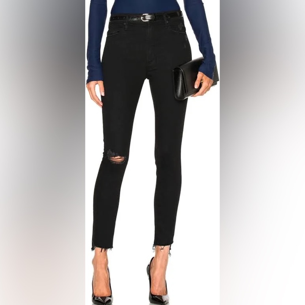 Mother Denim Stunner Zip Ankle Step Fray in Presumed Guilty Black Distressed